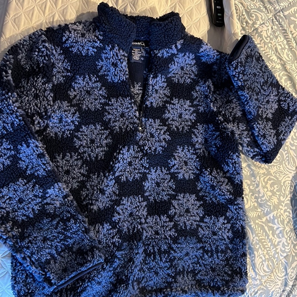 Denim & Co Navy/ snowflake Fleece zip Pullover